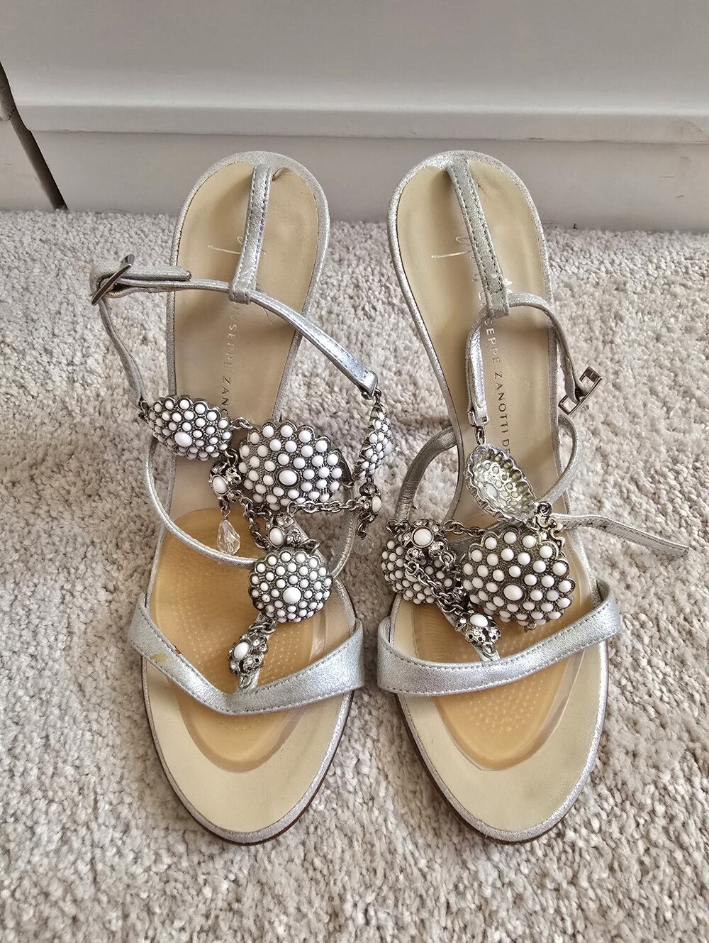 Giuseppe Zanotti Soft Gold Beaded & Rhinestone Strappy Sandal Heel 35